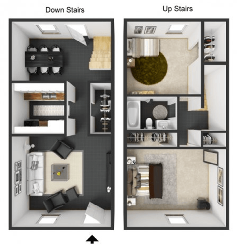 A diagram shows the layout of the rooms in a house with two stories.